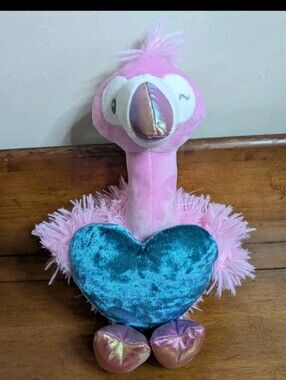 Valentine's Day Pink Flamingo with Blue Heart Plush Stuffed Animal Toy 10.5 in